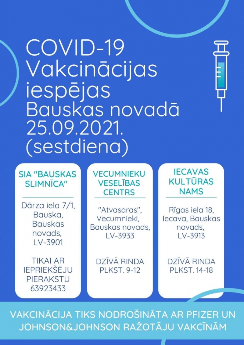 25.septembrī iespēja saņemt vakcīnu Bauskā, Vecumniekos un Iecavā