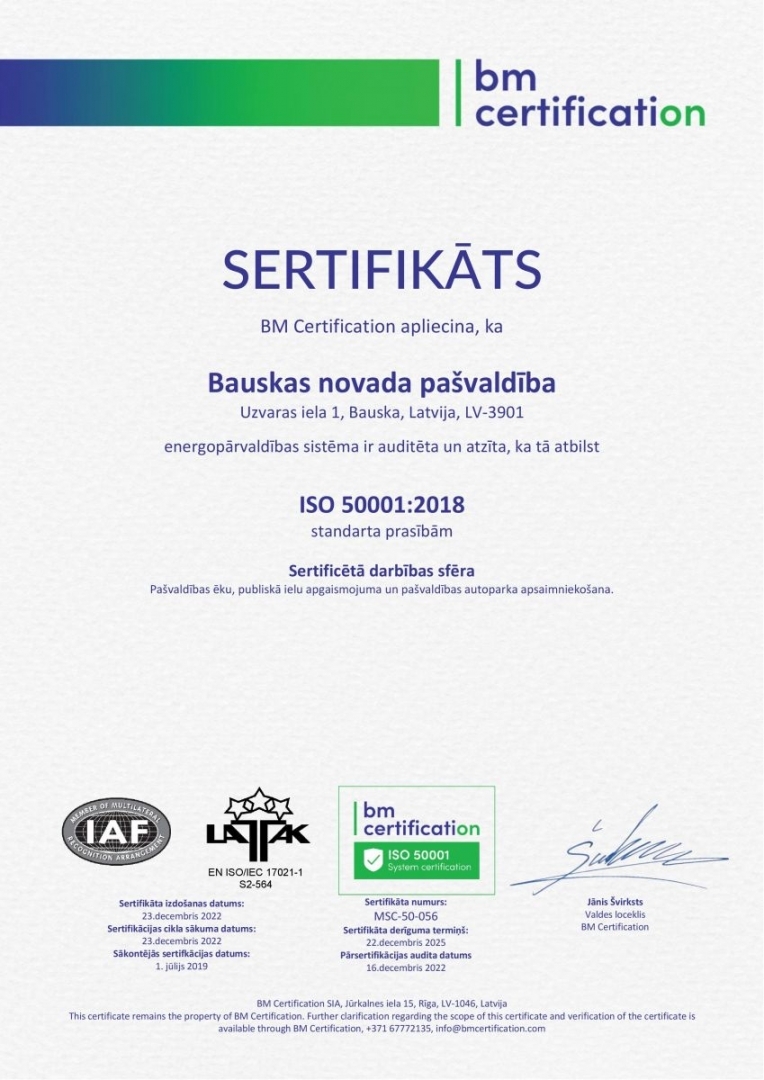sertifikāts par Energopārvaldības sistēmas atbilstību standarta ISO 50001:2018 prasībām