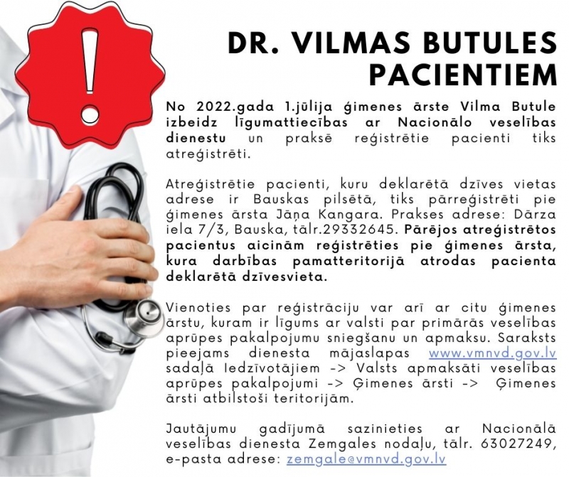 Paziņojums Dr. Vilmas Butules pacientiem