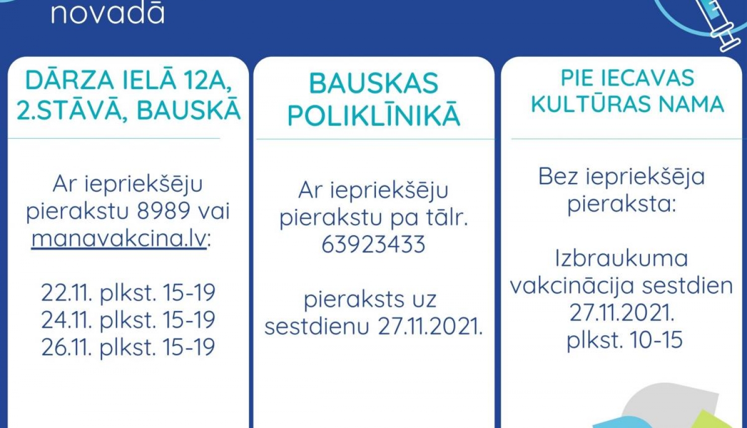 Vakcinācijas iespējas Bauskas novadā no 22. - 27.novembrim